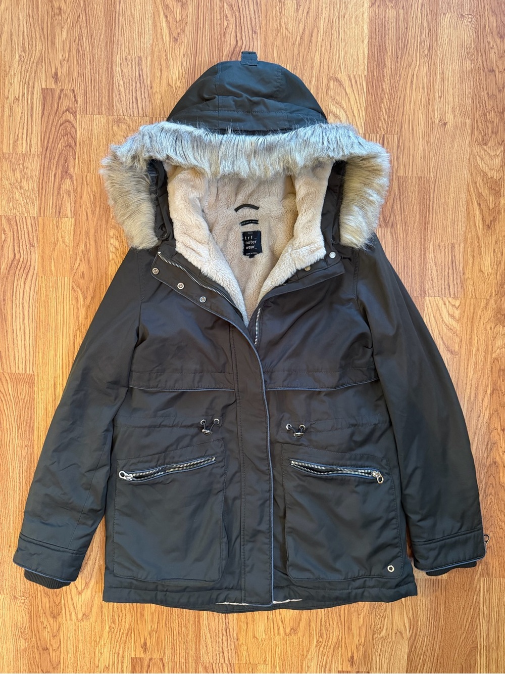 Zara Dark Green Parka Jacket with Faux Fur Hood
